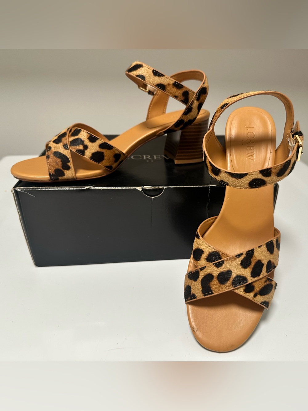 J. Crew Leopard Print Block Heel Sandals in Tan and Black